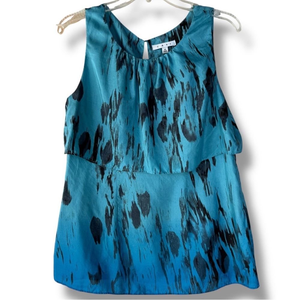 CAbi 100% Silk Tank Tiered Teal Ombré Abstract Back Sleeveless Top #142 | Sz M